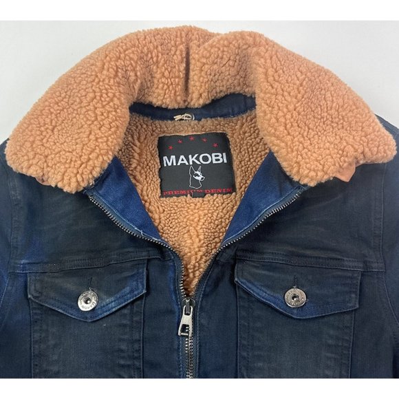 Makobi Mens Small Dark Blue Plaid Zip Denim Jean Sherpa Jacket Distressed M1035 - Picture 5 of 11
